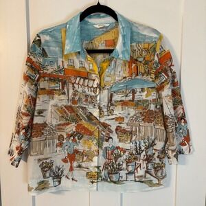 Christopher & Banks Petite XL Farmers Market Print Cotton Button Down Shirt P/XL